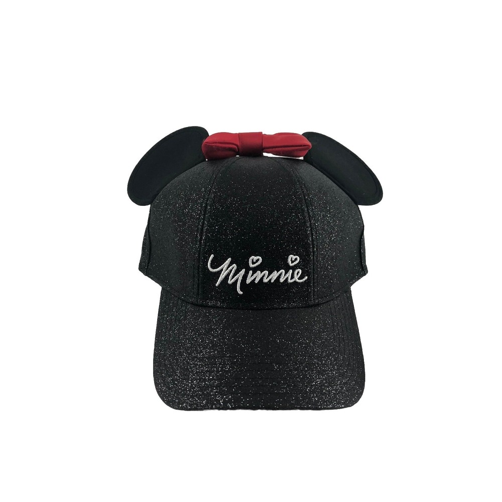 Disney Minnie Mouse Cap Glitter Black Ear Red Bow Baseball Hat OSFM Adult Hat